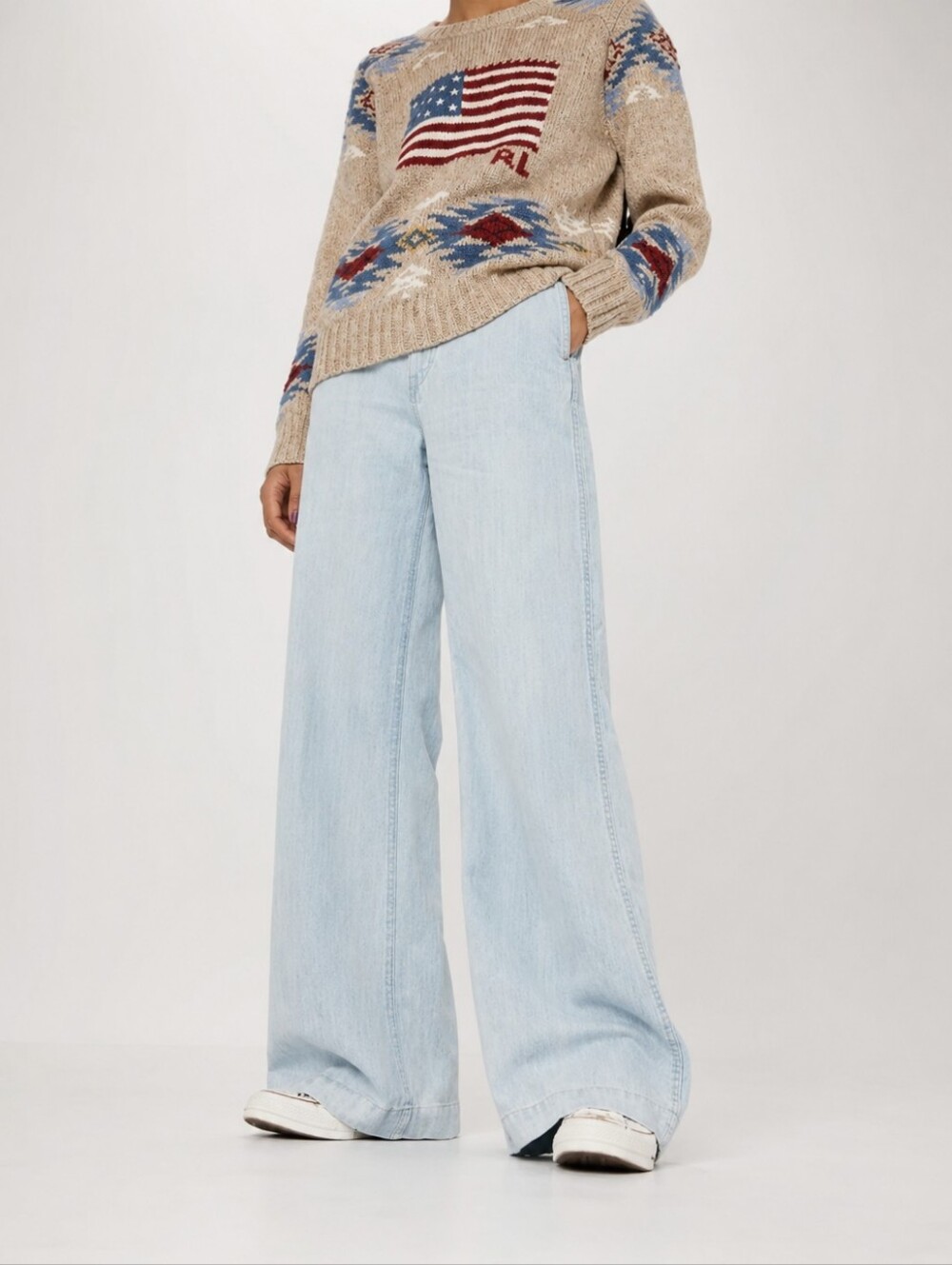 Polo Ralph Lauren Chambray Linen Blend Wide Leg Pants Light Wash Blue Jeans 27